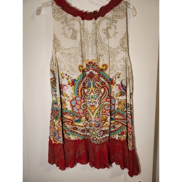 Bila Women's Top Size XL Red White Paisley Tank Sleeveless Tassel Bohemian - Picture 7 of 11